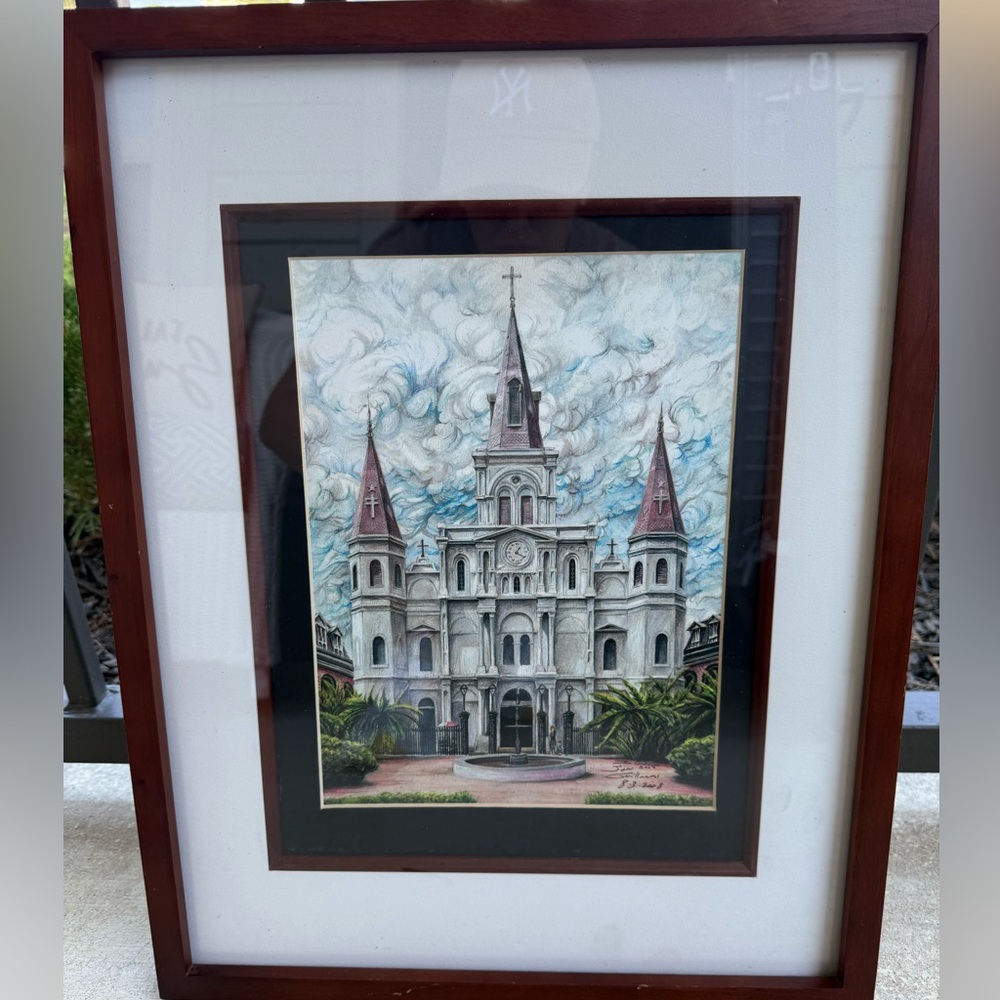Framed St. Louis Cathedral New Orleans Artwork signed and dated by the artist.